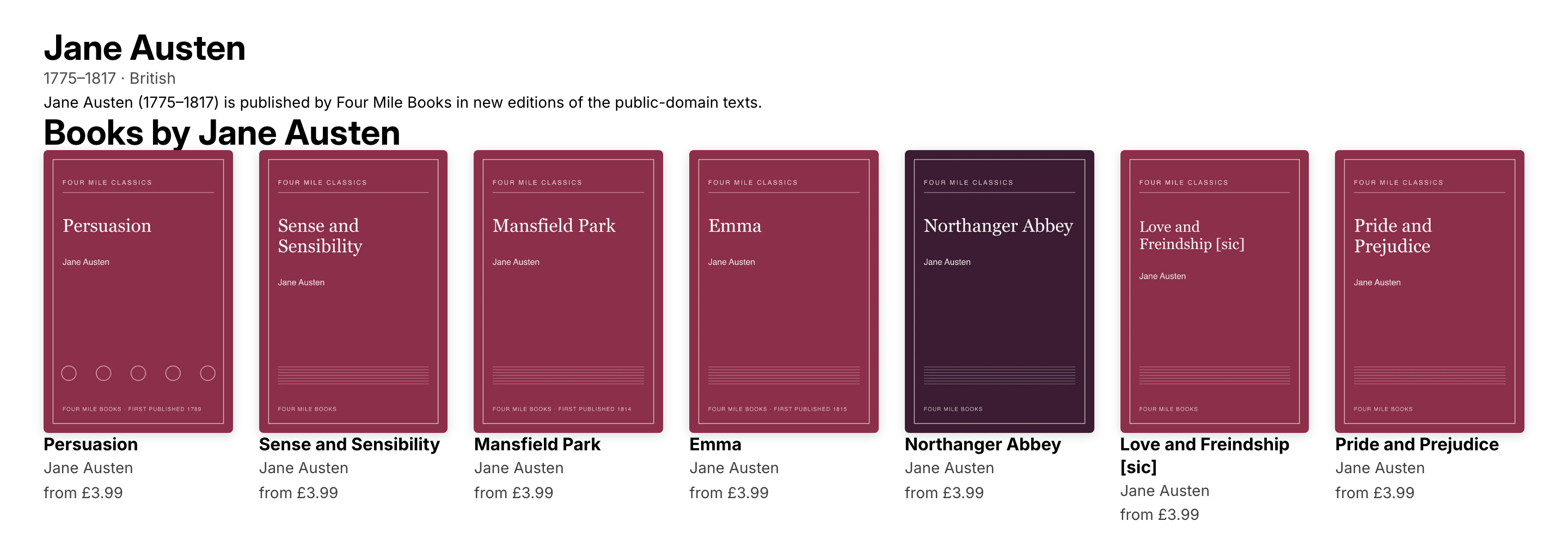 An author page listing every book by Jane Austen