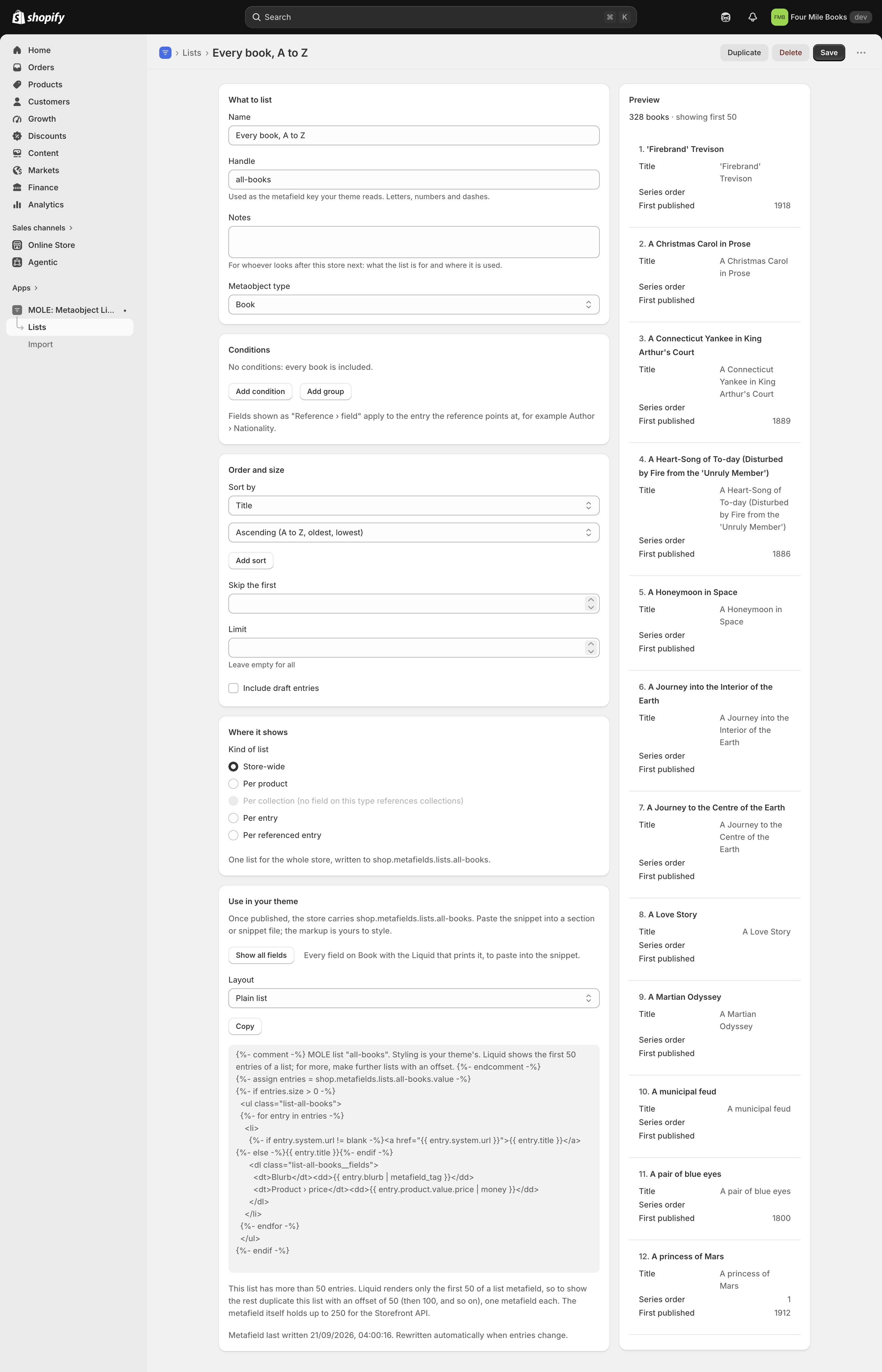 The editor with no conditions, sorted by title ascending, and a preview of the first books alphabetically