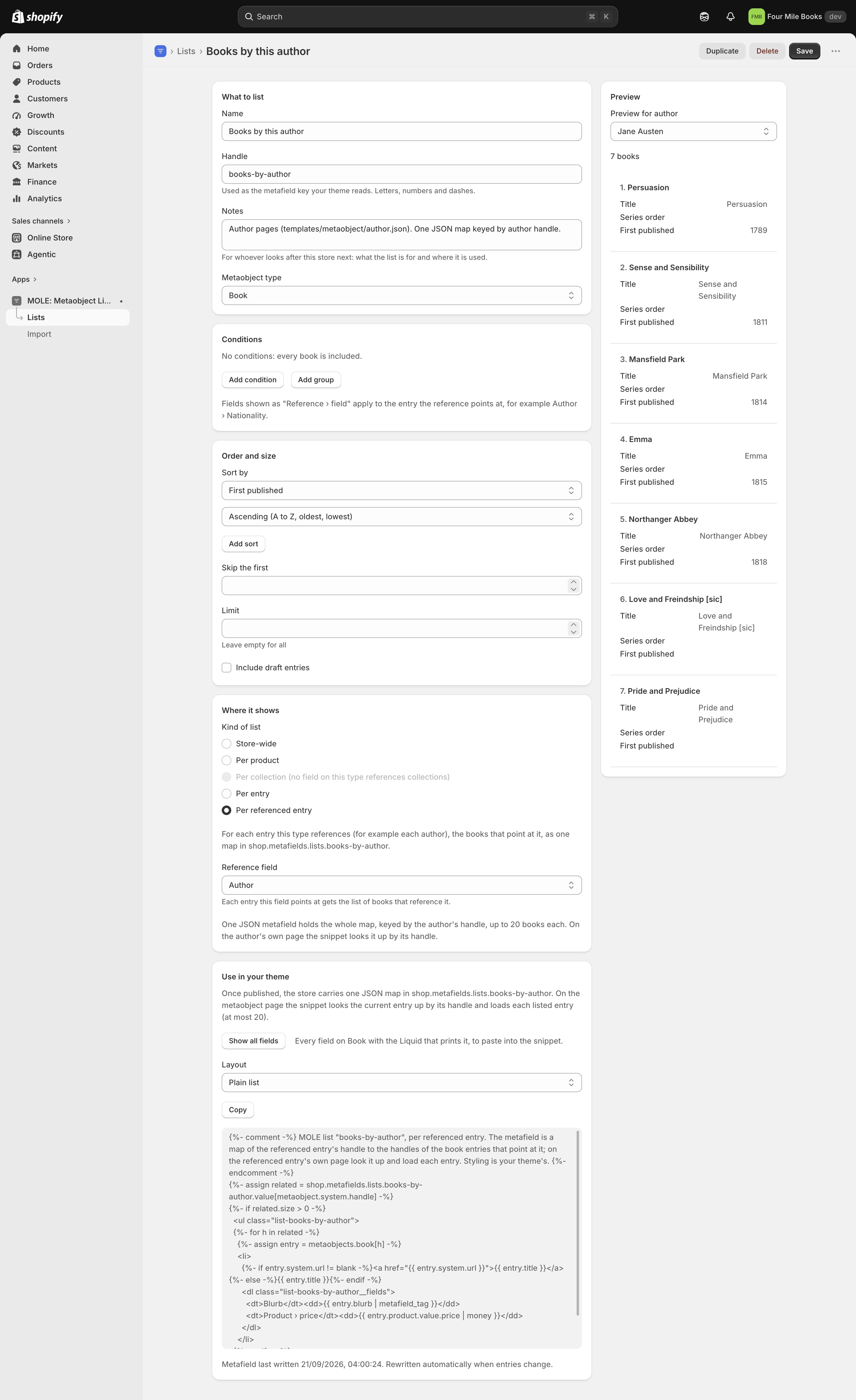 The editor with Per referenced entry selected through the Author field, sorted by first published, and a preview for one author listing their books