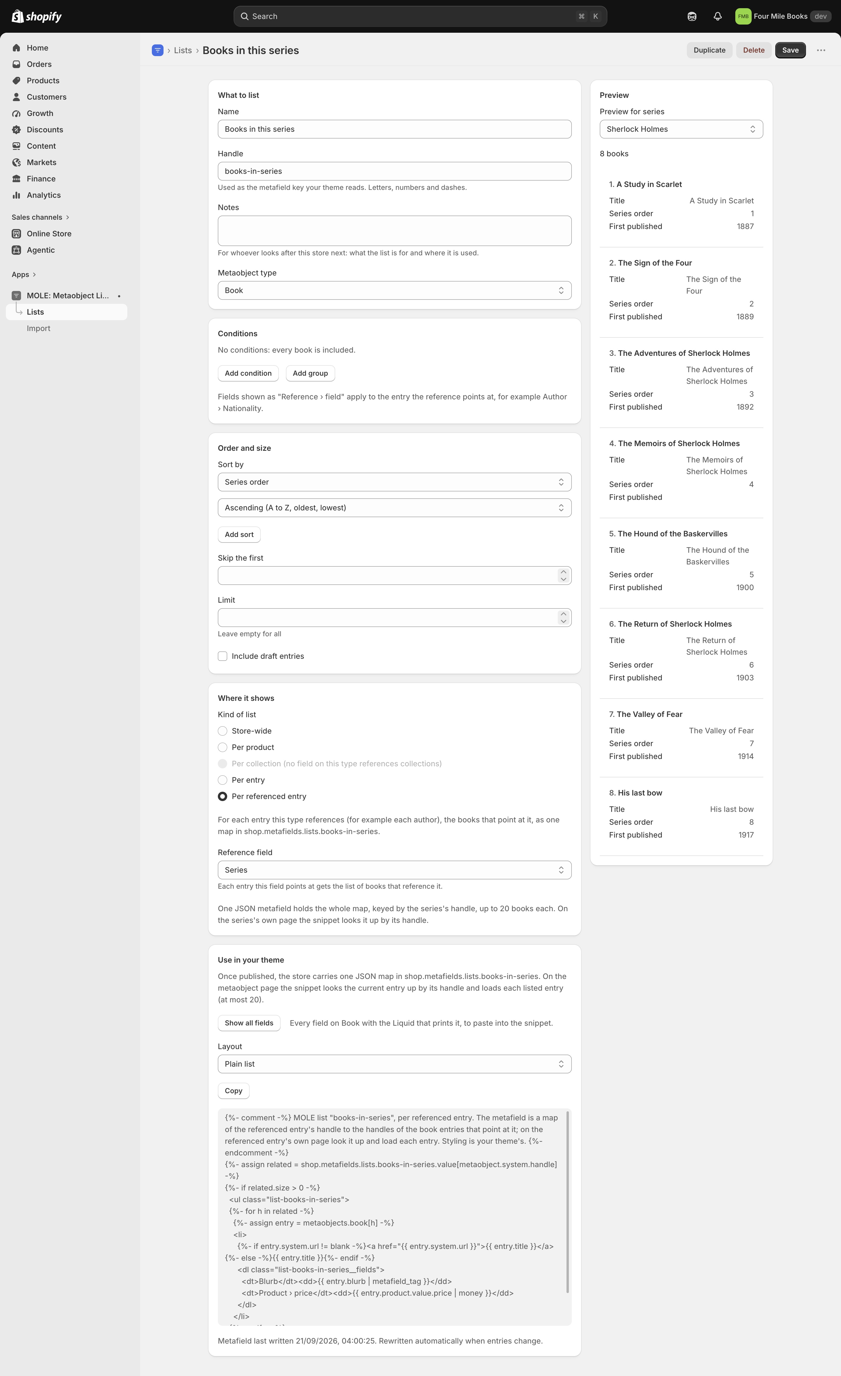 The editor with Per referenced entry selected through the Series field, sorted by series order, and a preview for one series