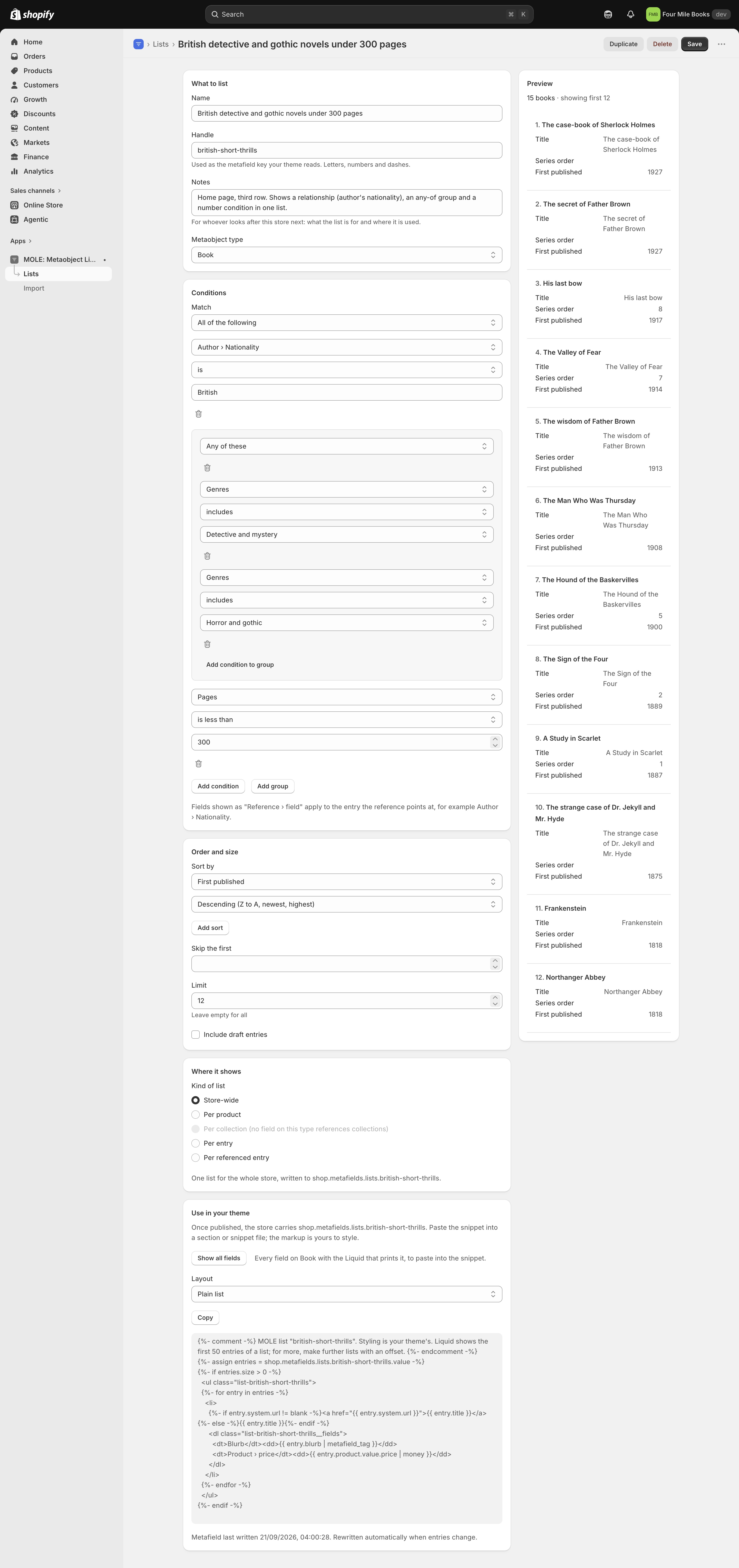 The editor with a relationship condition, an any-of group of two genre conditions and a page-count condition, sorted by first published descending with a limit of 12