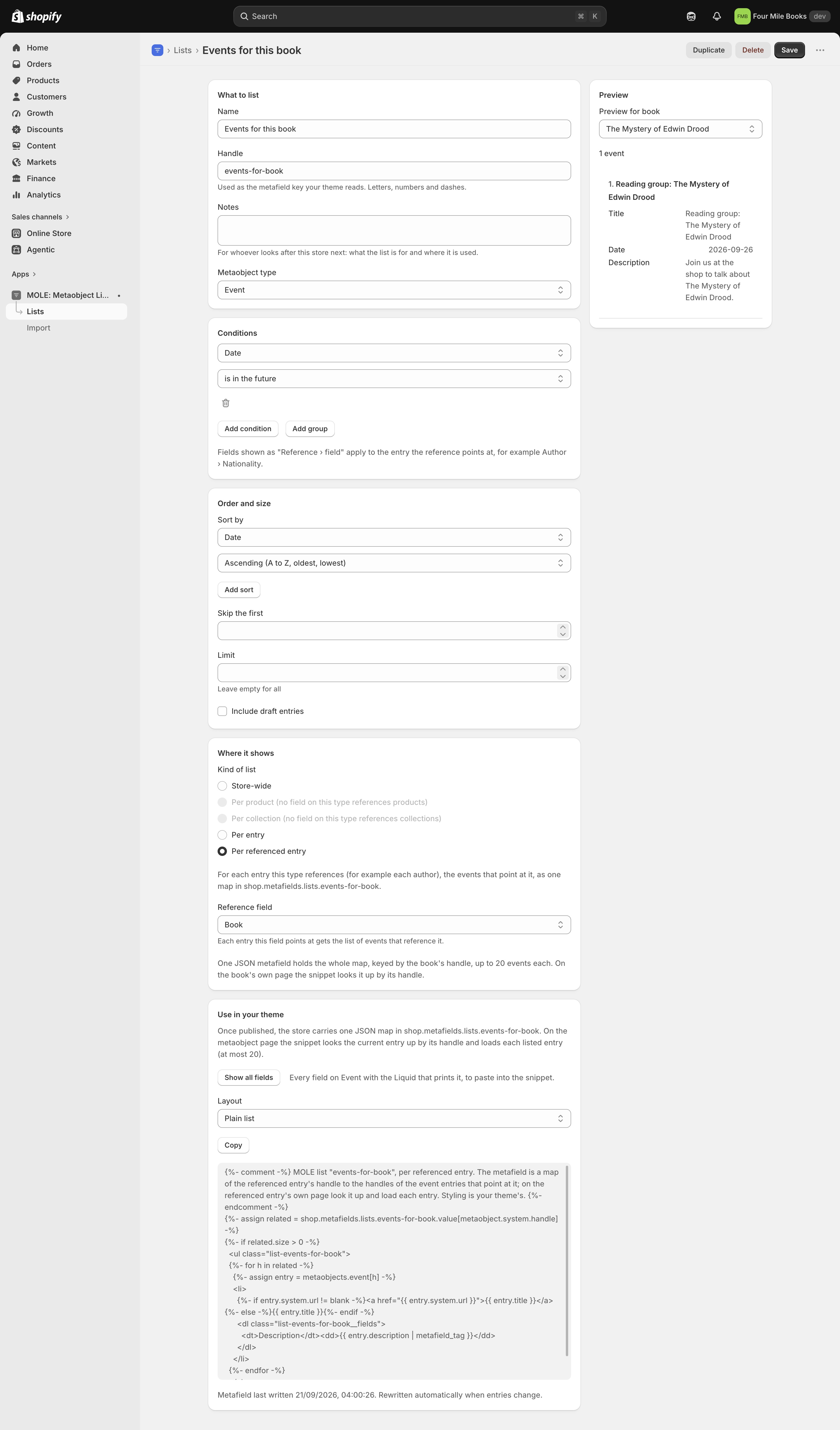 The editor with the condition Date is in the future, Per referenced entry through the Book field, sorted by date, and a preview for one book