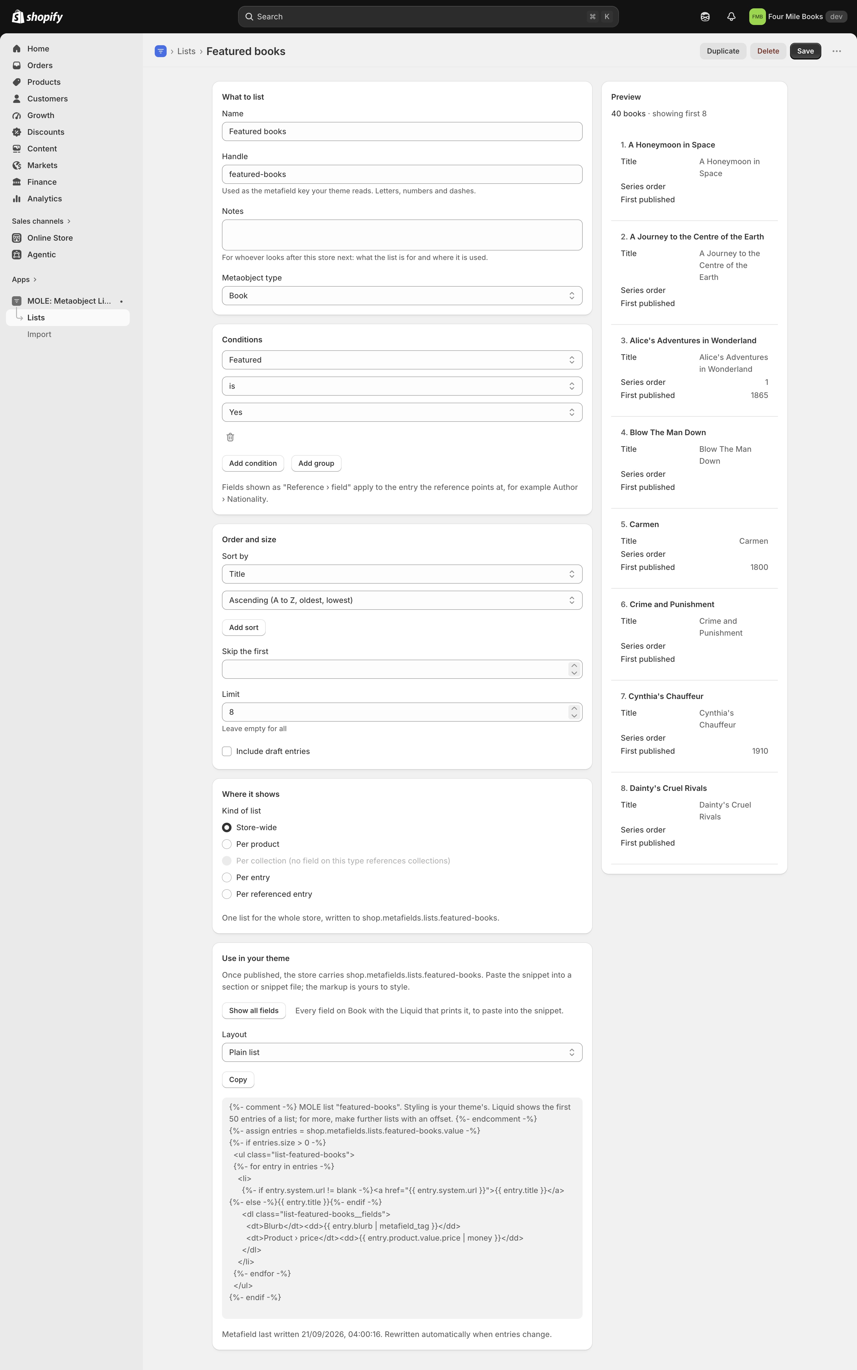 The editor with one condition, Featured is true, sorted by title with a limit of 8, and a preview of the eight matching books