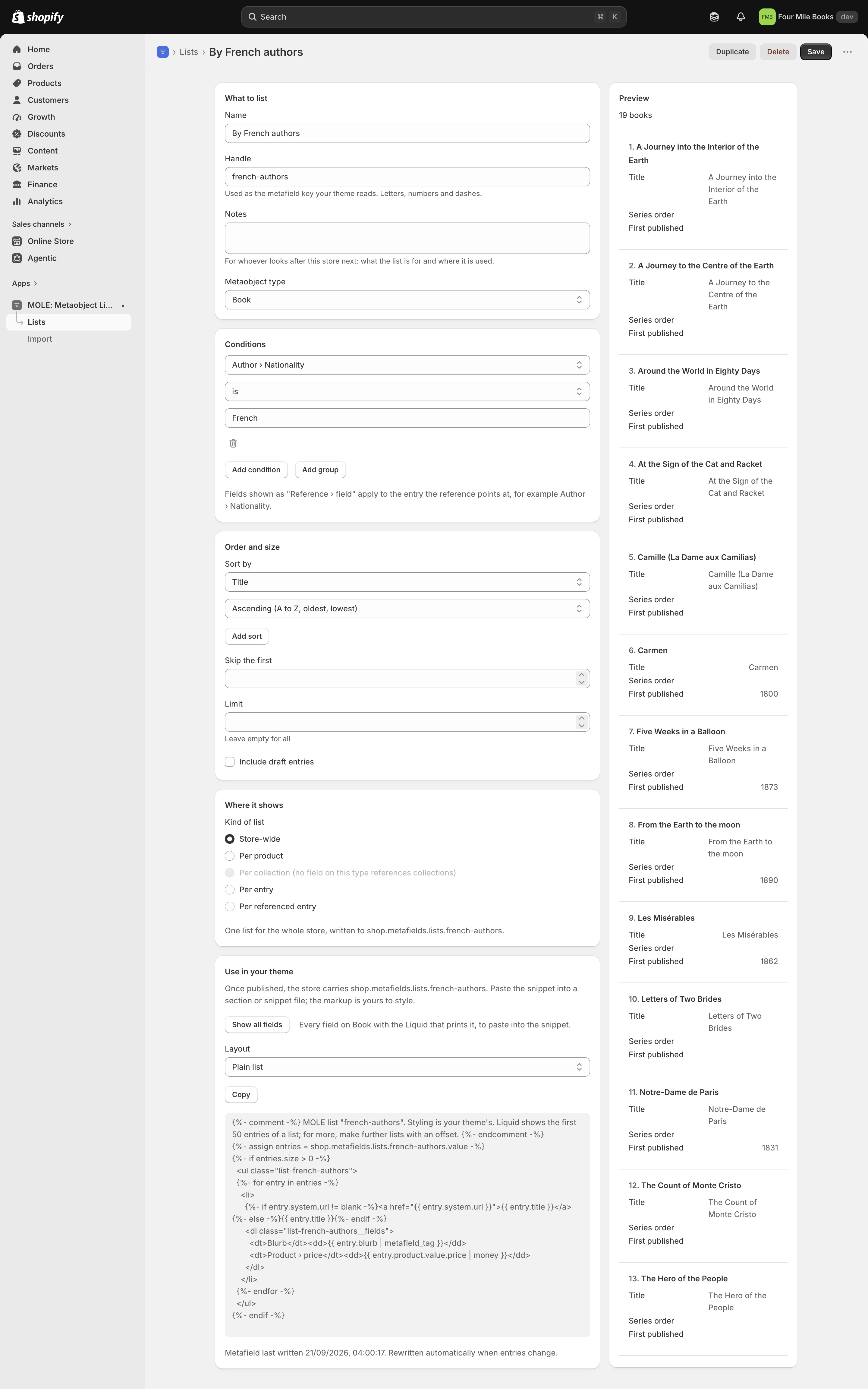 The editor with the condition Author, Nationality is French, sorted by title, and a preview of books by French authors