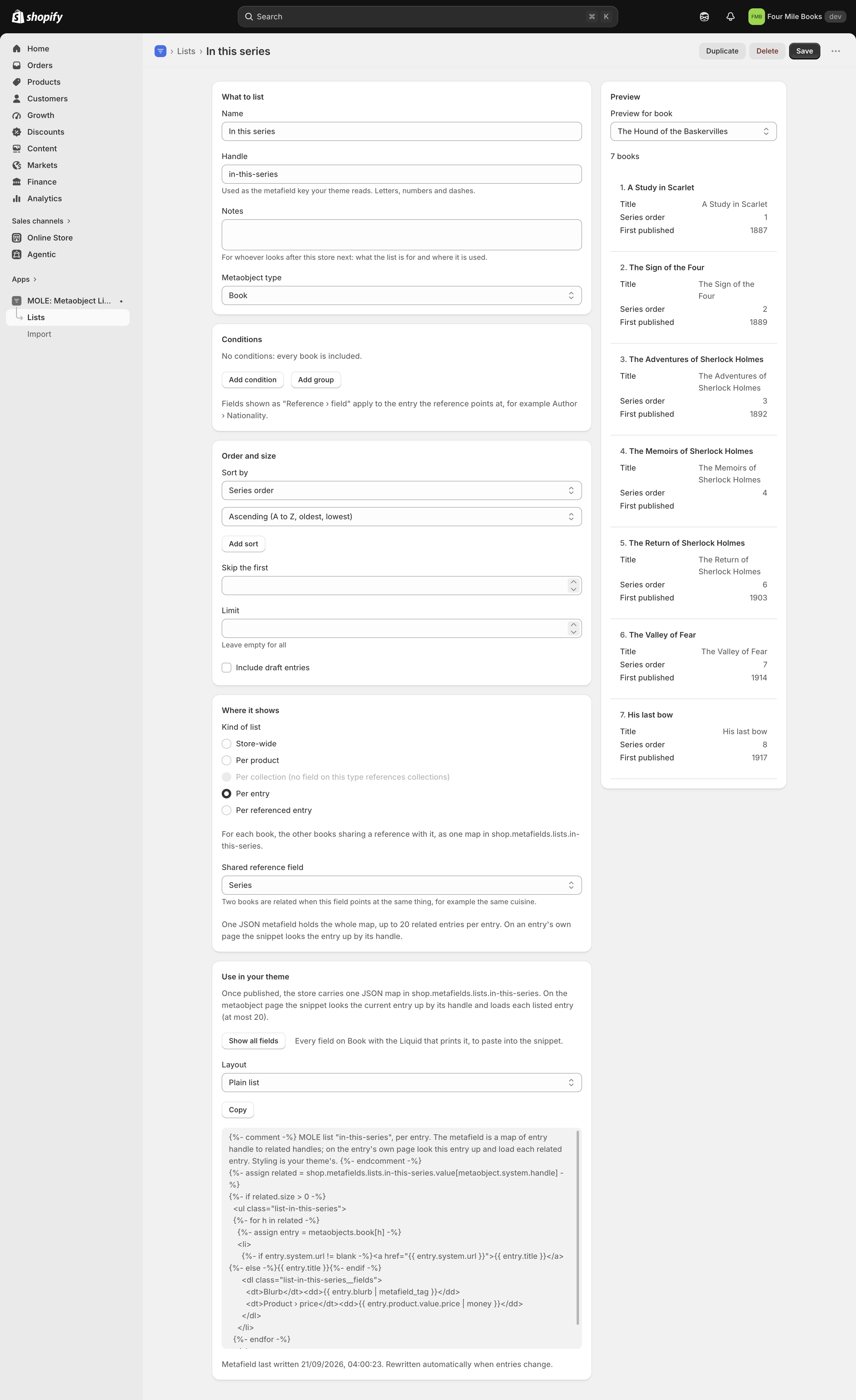 The editor with Per entry selected through the Series field, sorted by series order, and a preview for one book listing the rest of its series