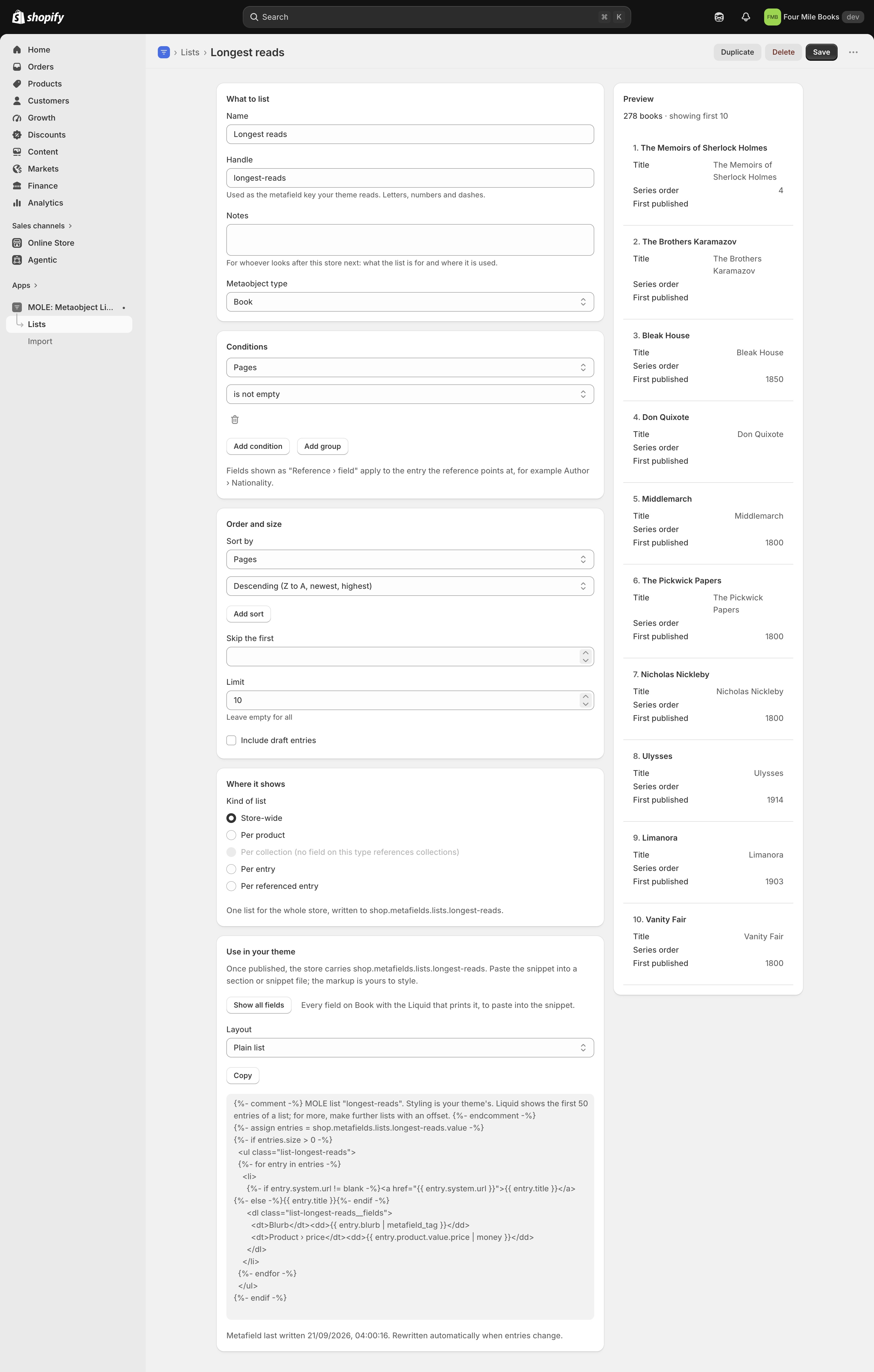 The editor with the condition Pages is not empty, sorted by pages descending with a limit of 10, and a preview of the ten longest books