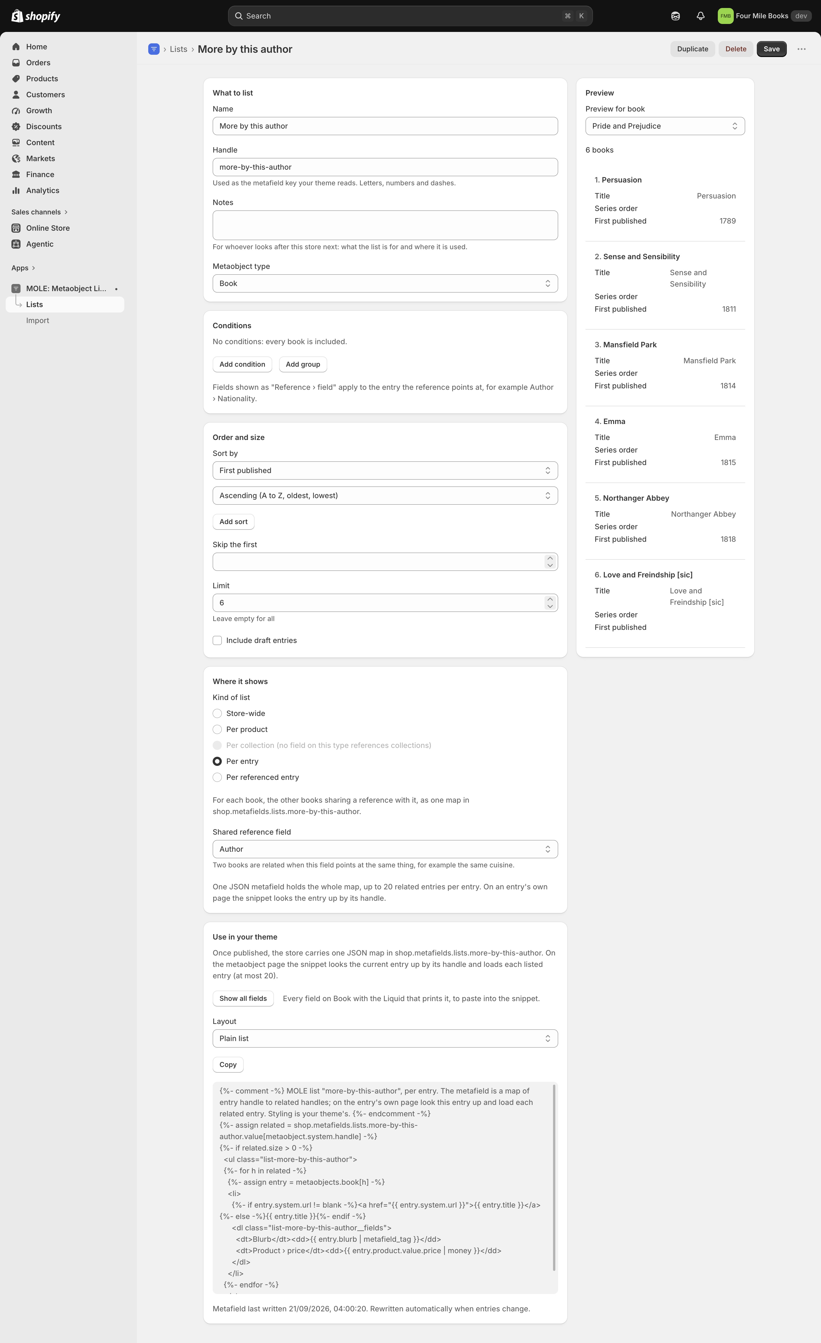 The editor with Per entry selected through the Author field, sorted by first published with a limit of 6, and a preview for one book