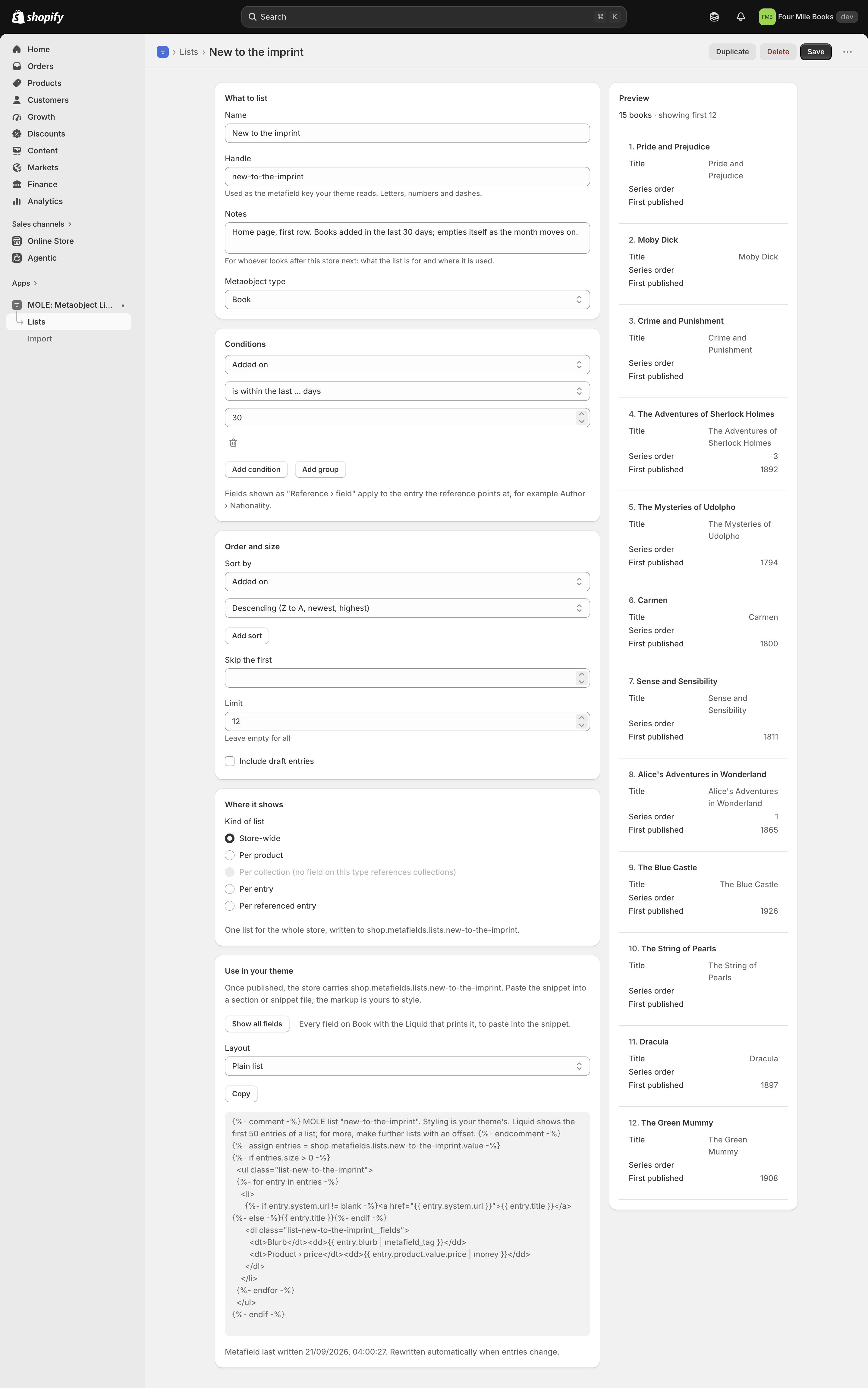 The editor with the condition Added on is within the last 30 days, sorted by added on descending, limit 12, and a preview of the newest books