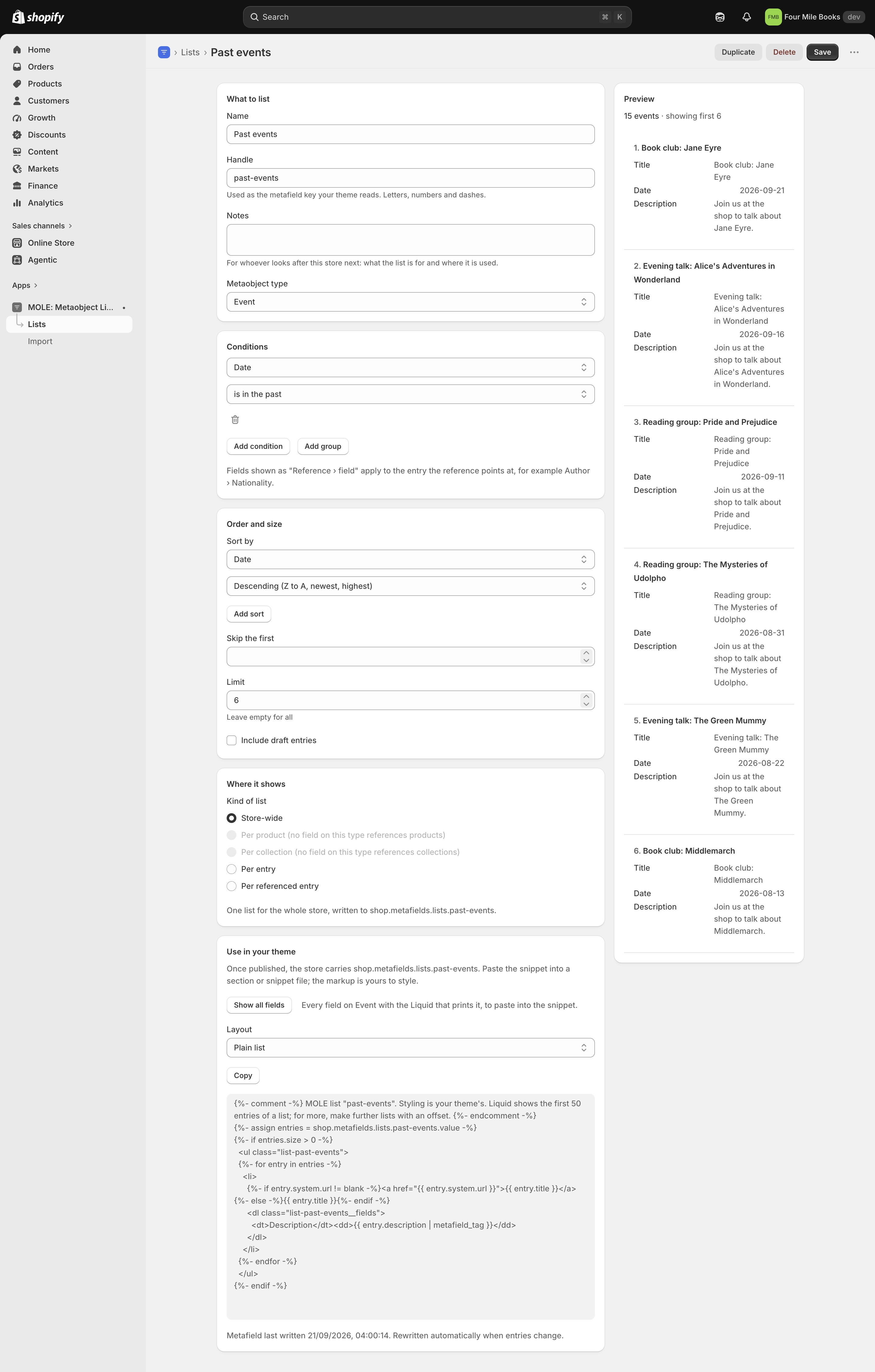 The editor with the condition Date is in the past, sorted by date descending with a limit of 6, and a preview of the six most recent events