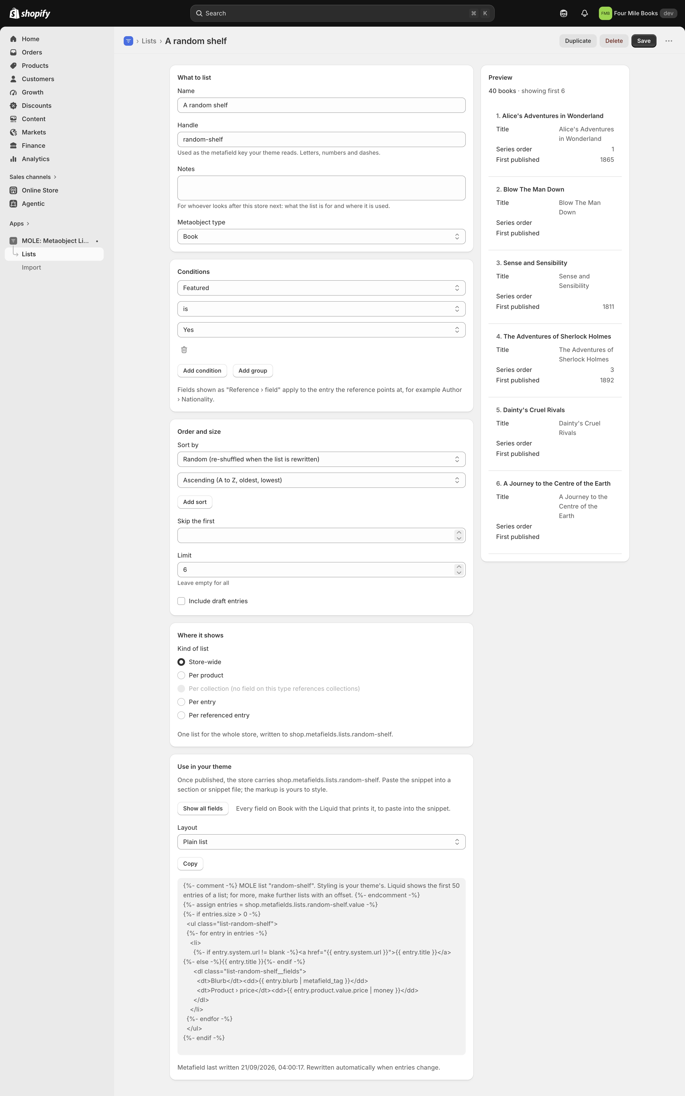 The editor with the condition Featured is true, sorted at random with a limit of 6, and a preview of six books