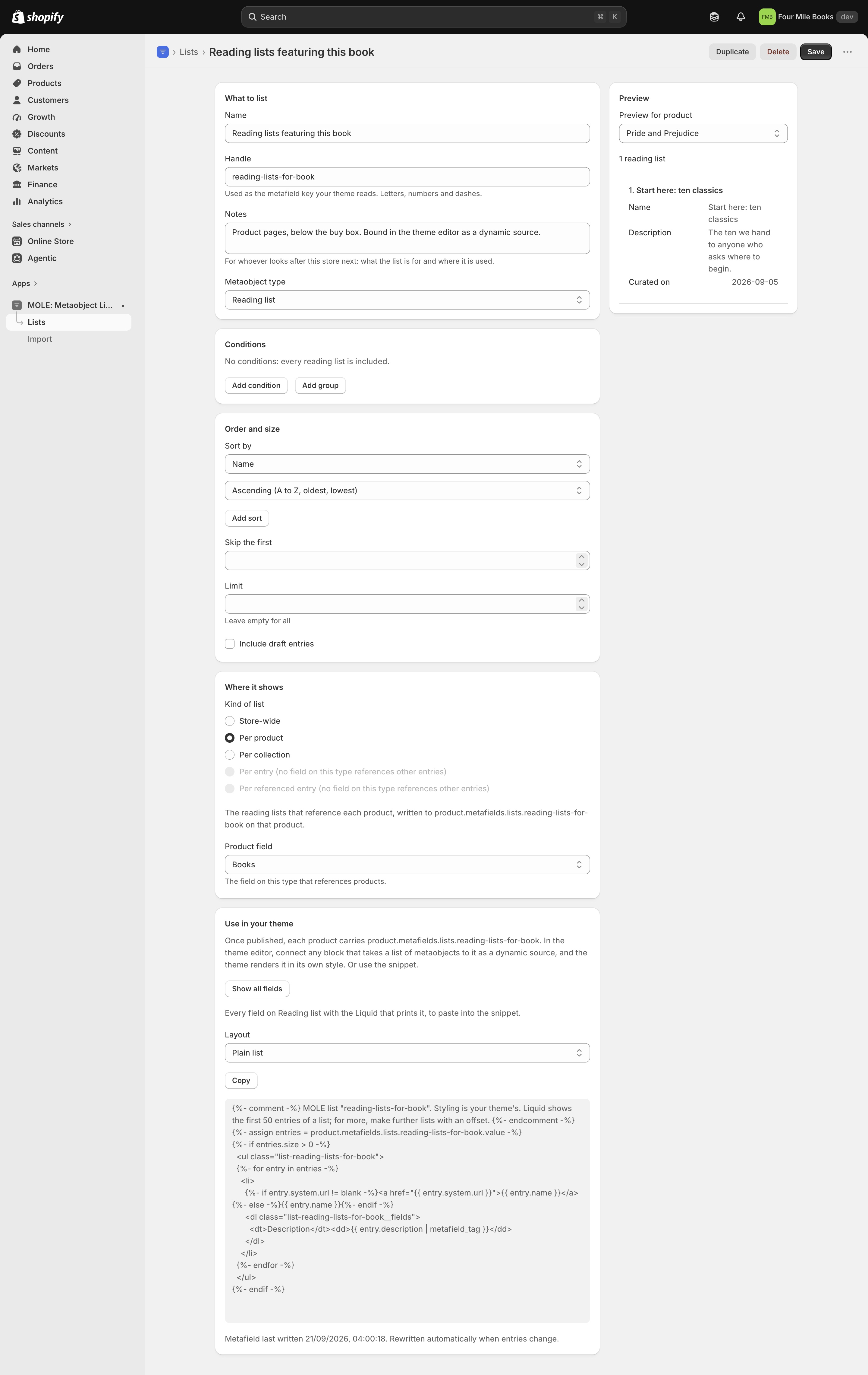 The editor with Per product selected through the Books field, sorted by name, and a preview for one product showing the reading lists that include it