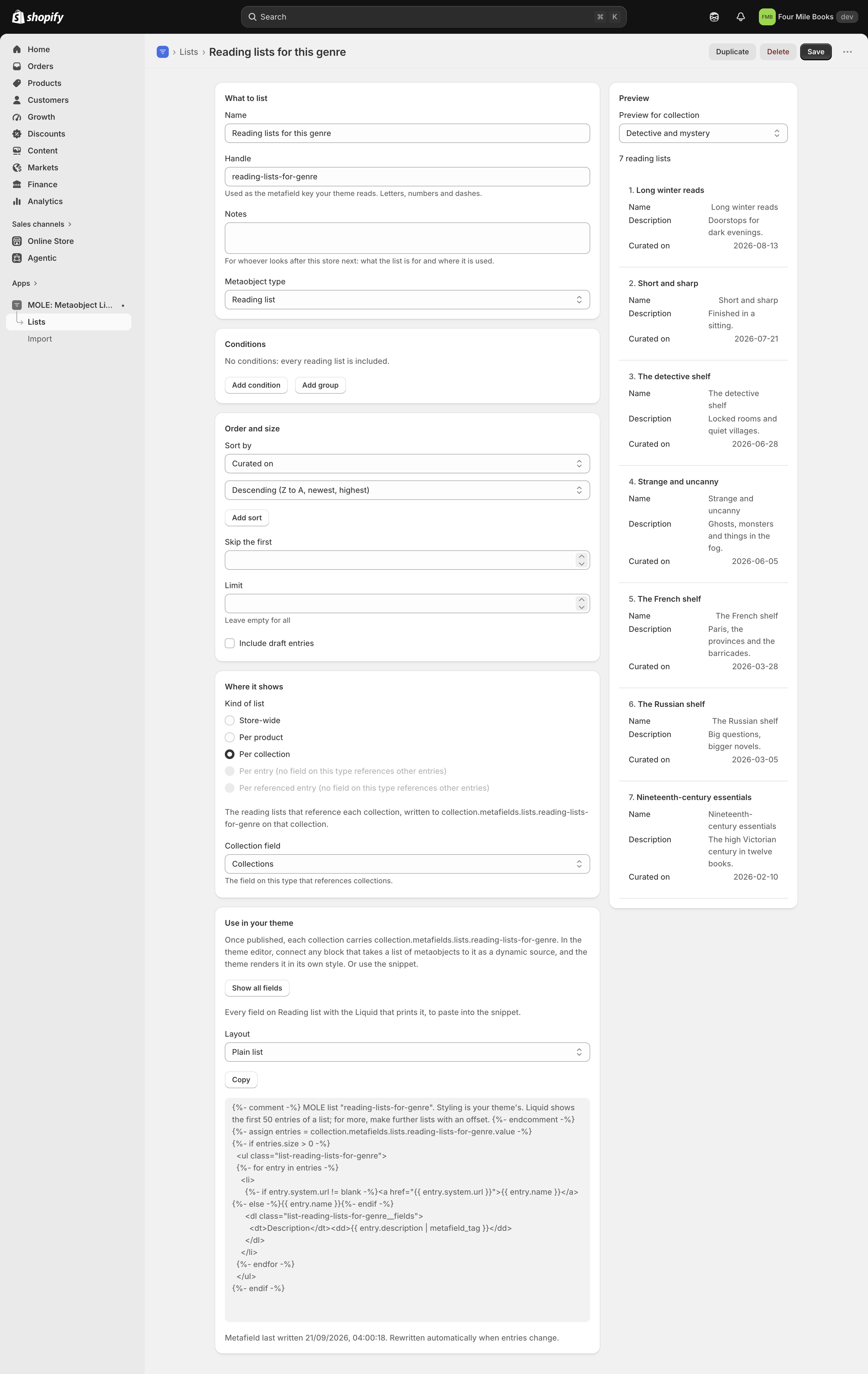 The editor with Per collection selected through the Collections field, sorted by curated on descending, and a preview for one collection
