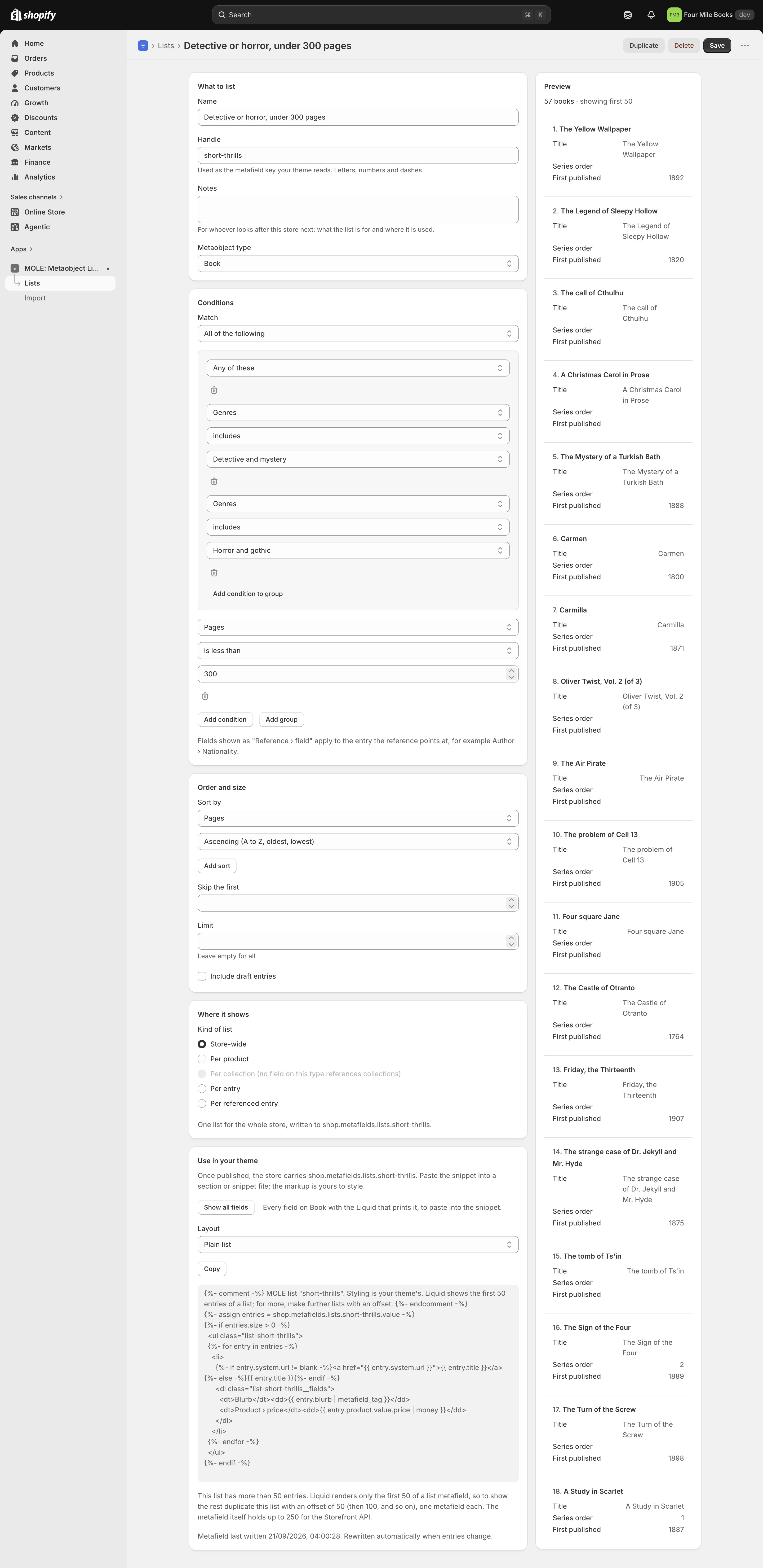 The editor with an any-of group containing two Genres includes conditions, then Pages is less than 300, sorted by pages ascending