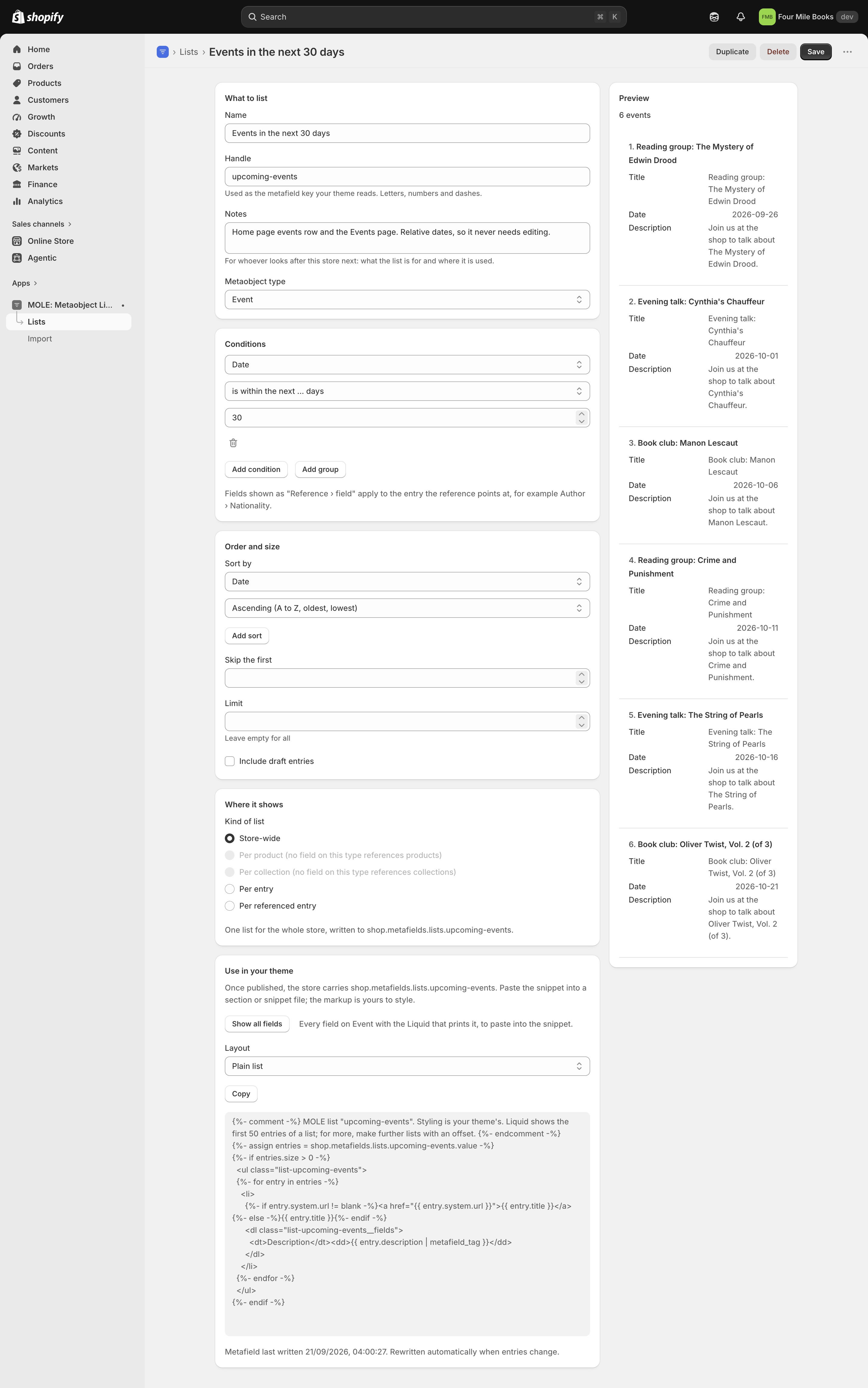 The editor with the condition Date is within the next 30 days, sorted by date ascending, and a preview of the coming events
