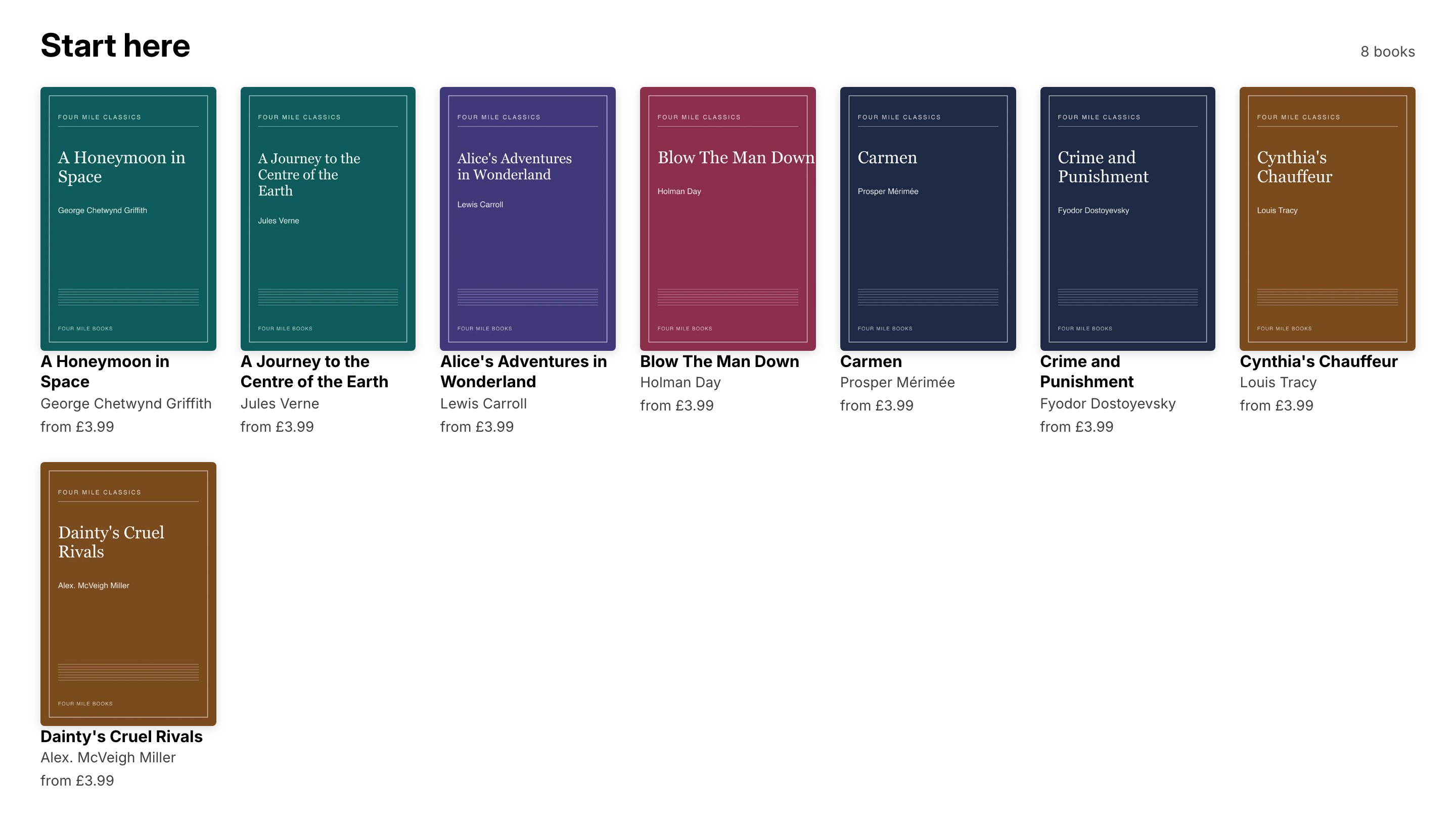 The featured shelf on the Four Mile Books home page.