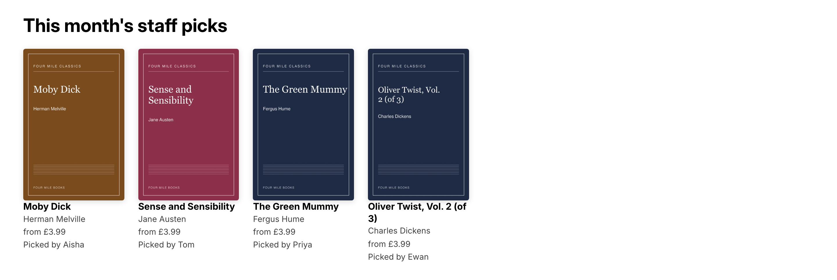 Four picks, newest first, each showing the book it points at.