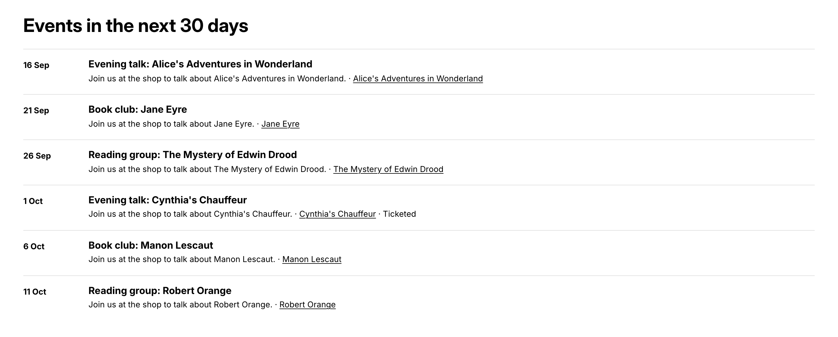The events strip on the home page.